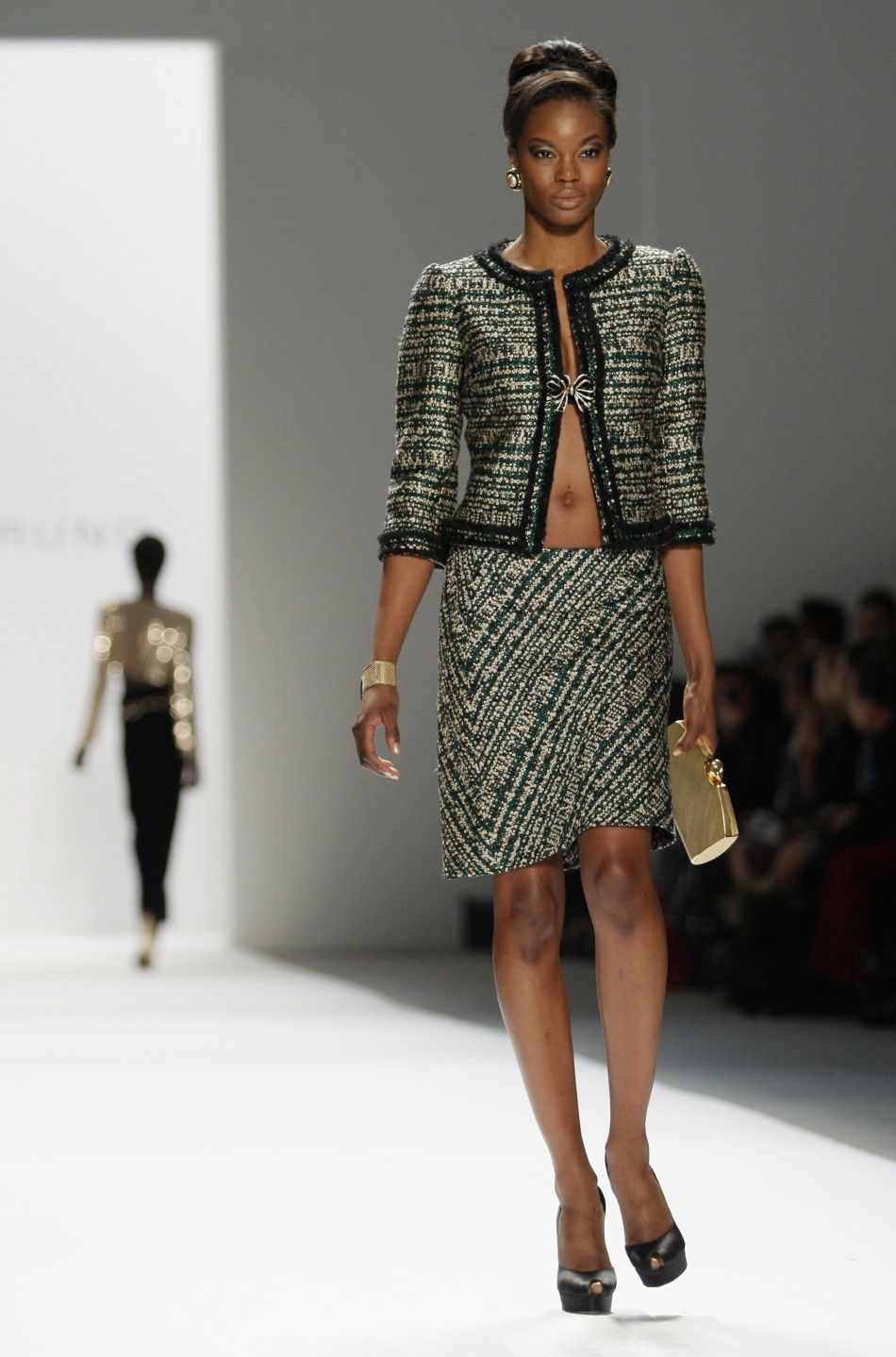 A model presents a creation from the Prete  Bruno FallWinter 2012 collection during New York Fashion Week February 13, 2012. 