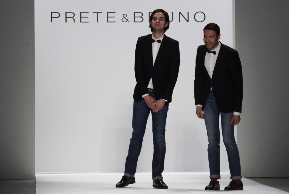 Prete  Bruno designers Salvatore Prete and Filippo Bruno stand at the runway during the Prete  Bruno FallWinter 2012 collection during New York Fashion Week February 13, 2012. 