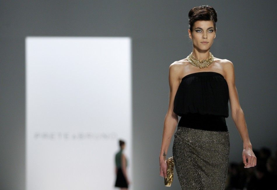 A model presents a creation from the Prete  Bruno FallWinter 2012 collection during New York Fashion Week