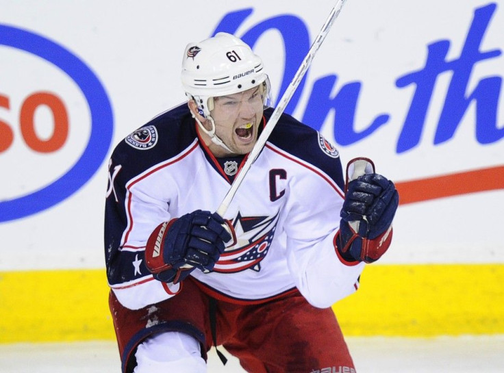 Rick Nash celebrates after scoring for Columbus, could he be celebrating in different colors next month?