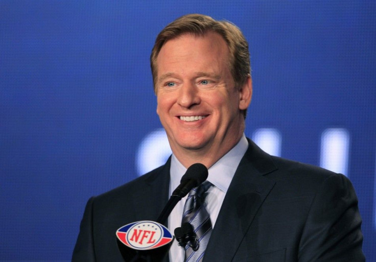 NFL Commissioner Roger Goodell speaks at a press conference before the Super Bowl two weeks ago.