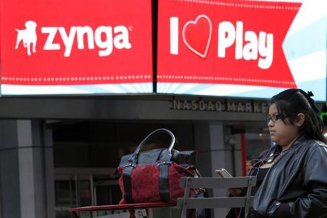 The corporate logo for Zynga is seen on a screen outside the Nasdaq Market Site in New York