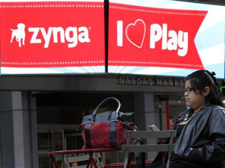 The corporate logo for Zynga is seen on a screen outside the Nasdaq Market Site in New York