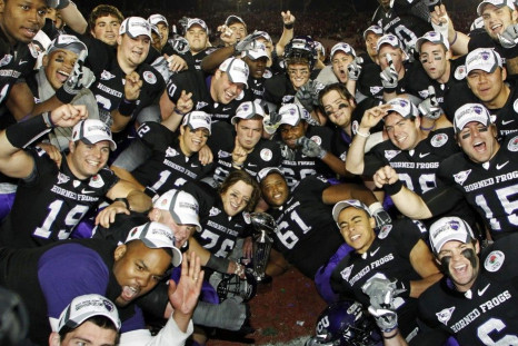 The TCU football team celebrates after their Rose Bowl victory in January.