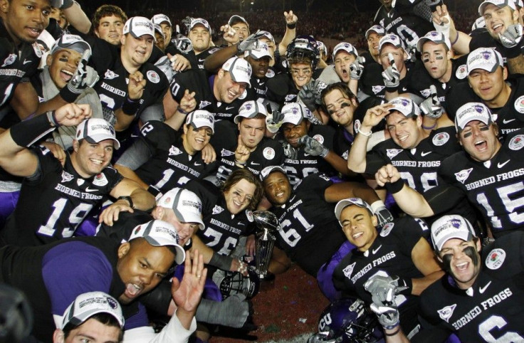 The TCU football team celebrates after their Rose Bowl victory in January.