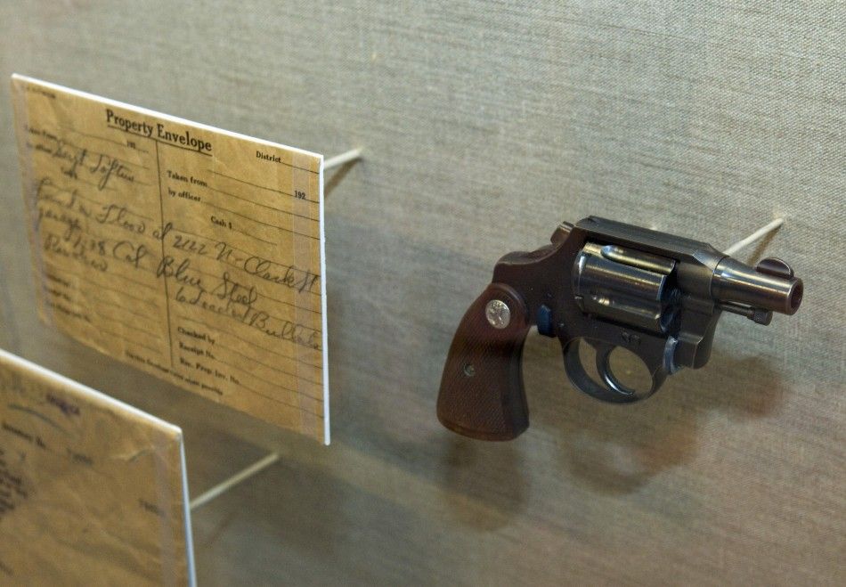 A revolver is displayed during a media preview tour of The Mob Museum in Las Vegas