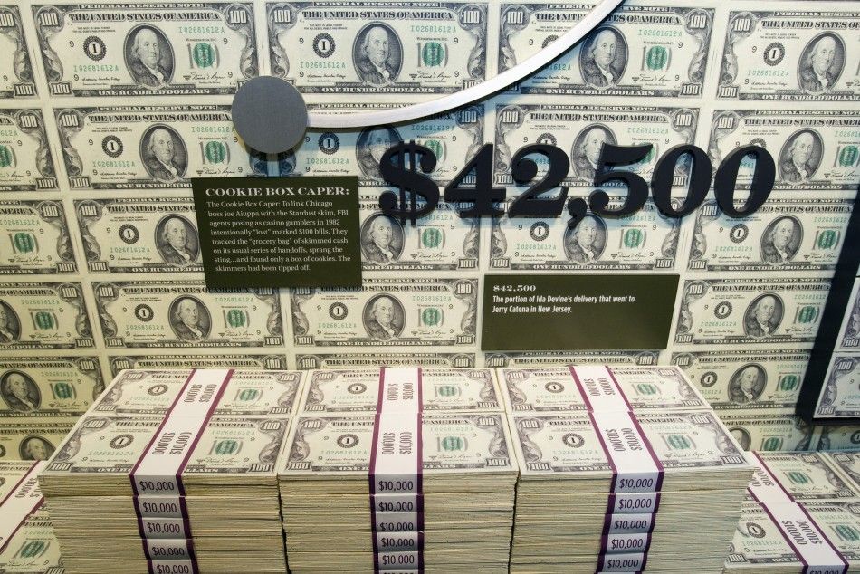 Stacks of fake money are displayed in the quotSkim Roomquot at The Mob Museum in Las Vegas