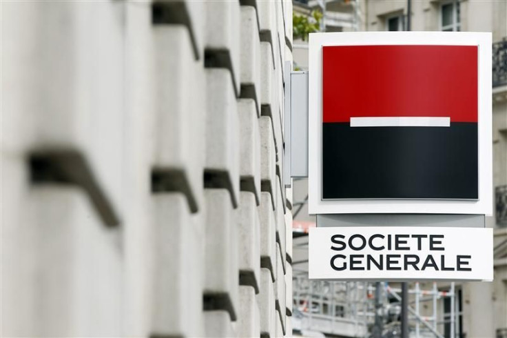 General view of a the logo outside a branch of French bank Société Générale in Paris