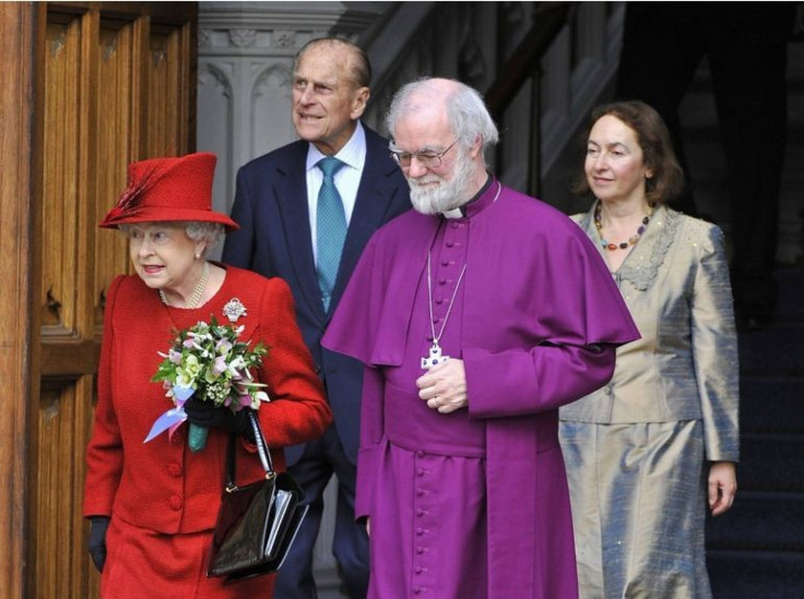 Britain's Queen Elizabeth (L), departs Lambeth Palace with Prince Philip, Archbishop of Canterbury Rowan Williams (2nd R) and his wife Jane (R) in central London February 15, 2012. They were attending a Diamond Jubilee multi-faith reception.