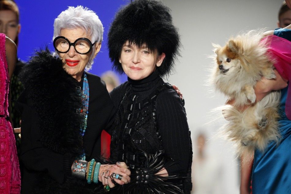 Designer Joanna Mastroianni R stands next to designer Iris Apfel L on the runway during the FallWinter 2012 collection during New York Fashion Week February 15, 2012.