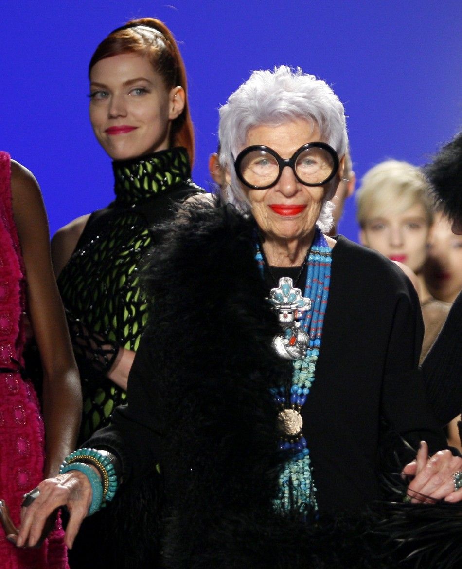 Designer Iris Apfel is seen on the runway during the Joanna Mastroianni FallWinter 2012 collection during New York Fashion Week February 15, 2012. 