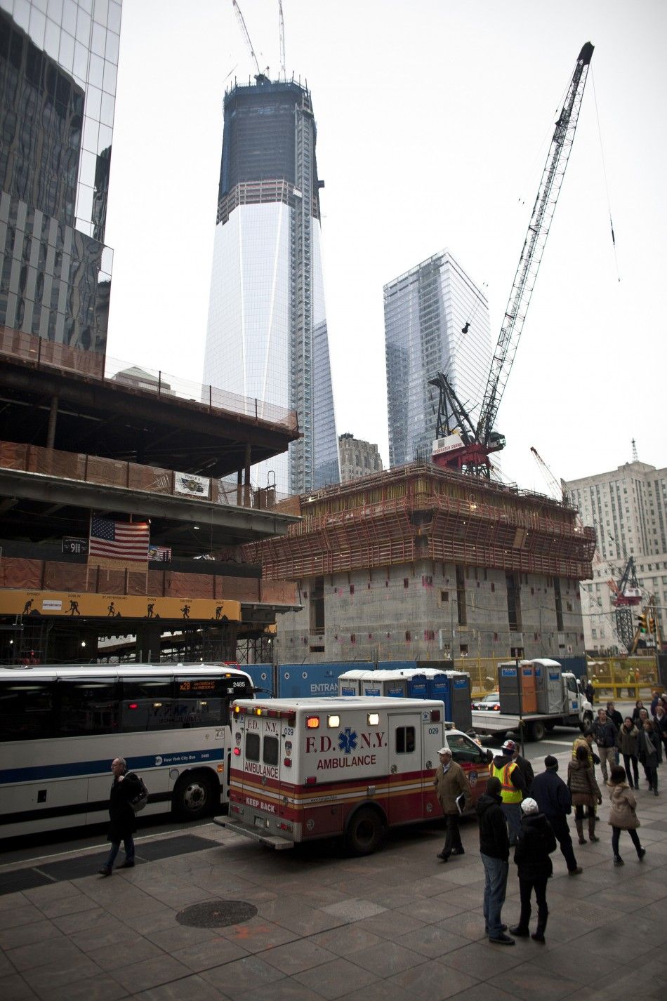 An ambulance is parked beside the World Trade Center construction site in New York