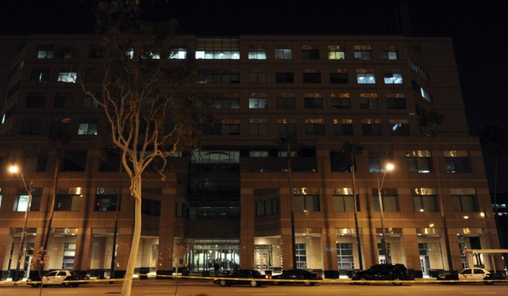 General view of the scene in front of the Federal Building after ICE officers were shot in the building in Long Beach, California