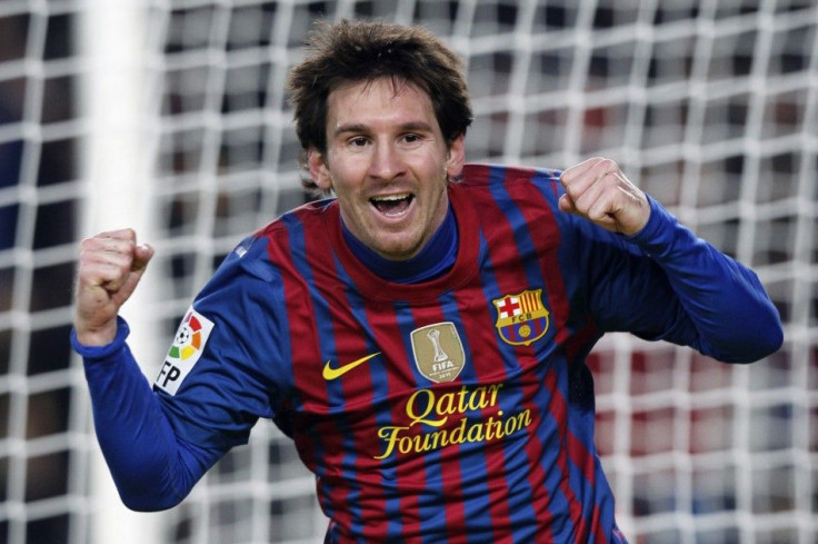 Barcelona&#039;s Messi celebrates after scoring his second goal against Valencia during their La Liga match in Barcelona