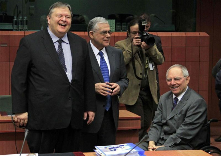 Greece&#039;s Finance Minister Venizelos, Greece&#039;s Prime Minister Papademos and Germany&#039;s Finance Minister Schaeuble attend a Eurogroup meeting in Brussels