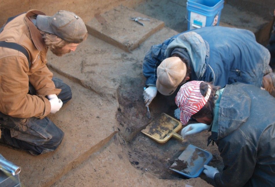 Members of the excavation team Joshua Reuther, Ben Potter and Joel Irish excavate the burial pit at the Upward Sun River site in central Alaska