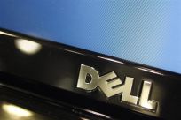 A Dell computer logo is seen on a laptop at Best Buy in Phoenix, Arizona