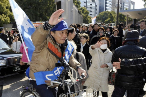 Takashi Kawamura during his mayoral campaign in Nagoya
