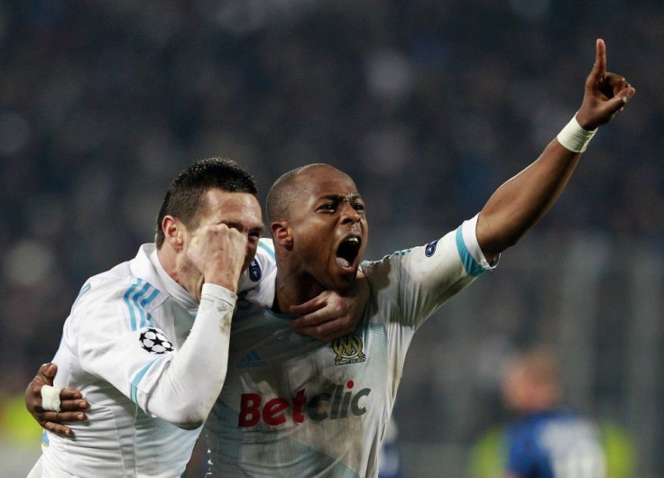 Olympic Marseille&#039;s Andre Ayew celebrates after scoring against Inter Milan during their Champions League soccer match at the Stade Vélodrome in Marseille