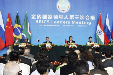 Leaders attend a joint news conference during BRICS summit in Sanya on the southern Chinese island of Hainan, April 14, 2011.