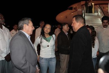Venezuela&#039;s President Hugo Chavez is welcomed by his Cuban counterpart Raul Castro at Jose Marti airport in Havana