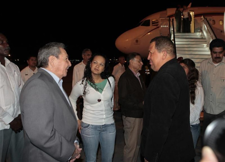 Venezuela&#039;s President Hugo Chavez is welcomed by his Cuban counterpart Raul Castro at Jose Marti airport in Havana