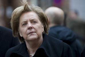 German Chancellor Merkel looks around during guided walking tour of northern German city of Stralsund