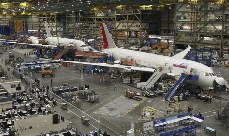 787 Dreamliners are seen on the production line at the Boeing Commercial Airplane manufacturing facility in Everett