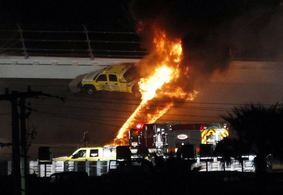 Flames erupt from a jet dryer after it was hit by Juan Pablo Montoya of Colombia in his number 42 Chevrolet during the NASCAR Sprint Cup Series 54th Daytona 500 race at the Daytona International Speedway in Daytona Beach