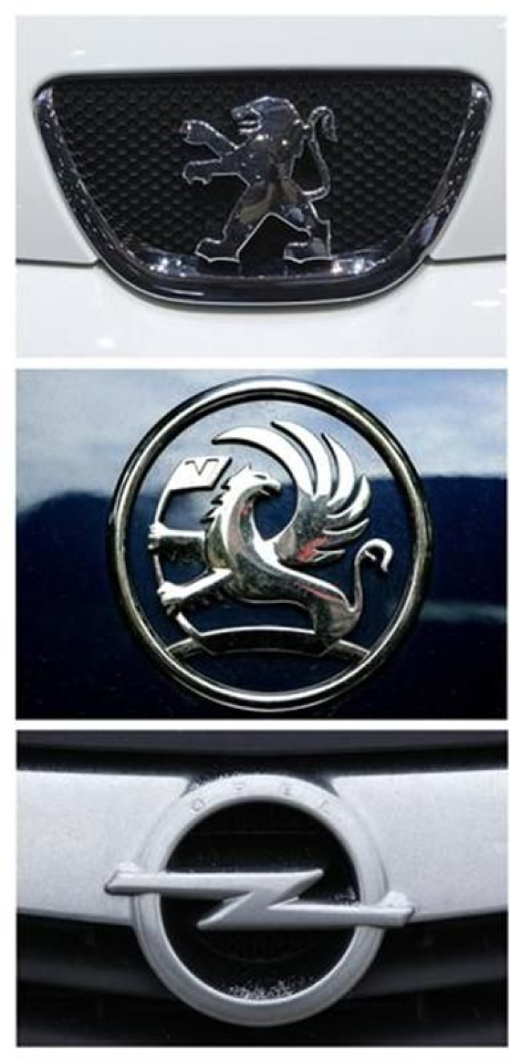 A combination photograph shows the car logos of Peugeot, Vauxhall and Opel