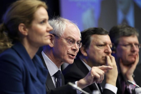 Denmark's PM Thorning-Schmidt, European Council President Van Rompuy and European Commission President Barroso hold a news conference after a tripartite social summit in Brussels