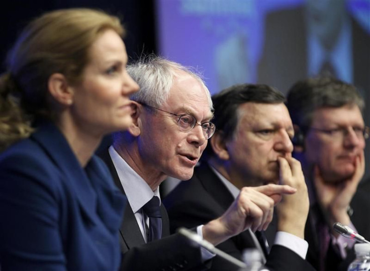 Denmark's PM Thorning-Schmidt, European Council President Van Rompuy and European Commission President Barroso hold a news conference after a tripartite social summit in Brussels