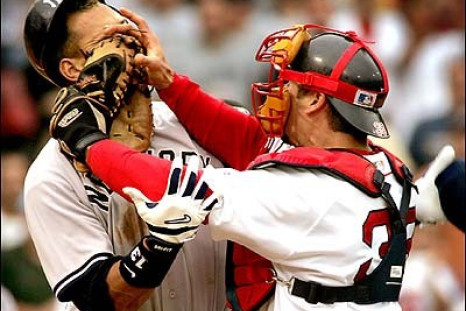 Jason Varitek gives Alex Rodriguez a face full of mitt. It was his most defining moment during his 15-year Red Sox career.