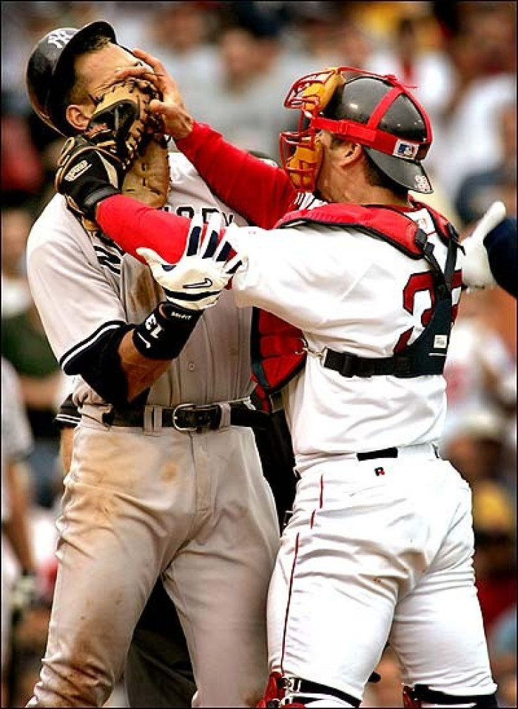 Jason Varitek gives Alex Rodriguez a face full of mitt. It was his most defining moment during his 15-year Red Sox career.