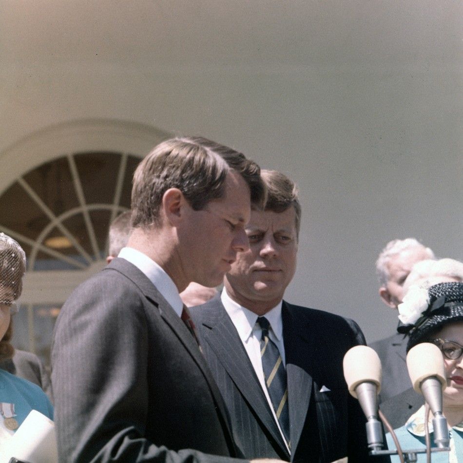 Former U.S. President John Kennedy R participate in the presentation of the Young American Medals for Bravery outside the White House in Washington, in this May 7, 1963 photograph released on January 20, 2011. 