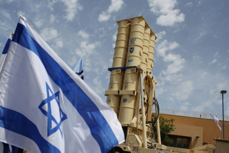 An Arrow II missile interceptor is displayed in front of journalists in the Palmahim military base south of Tel Aviv