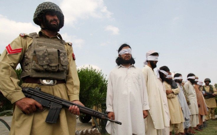 Blindfolded members of Lashkar-e-Islam presented to the media by paramilitary in Jamdrud in August 2008