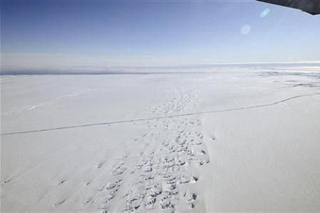 An aerial view of a crack at the Pine Island Glacier ice shelf is seen in western Antarctica, October 26, 2011.