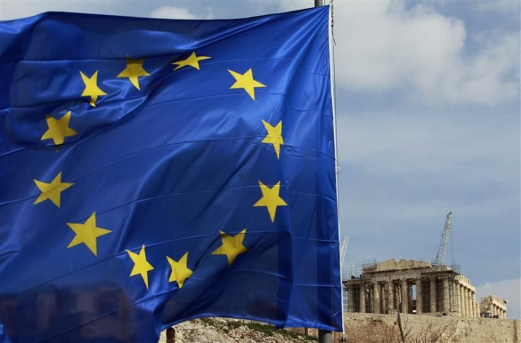 A European Union flag is seen in front of the Parthenon temple in Athens