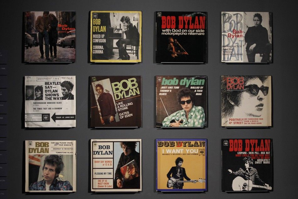 Covers of music record are displayed during the exhibition quotBob Dylan, the rock explosionquot at the museum of the Cite de la Musique in Paris