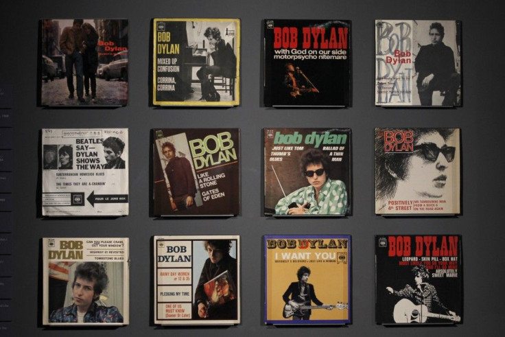 Covers of music record are displayed during the exhibition &quot;Bob Dylan, the rock explosion&quot; at the museum of the Cite de la Musique in Paris