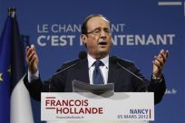 Hollande, Socialist Party candidate for the 2012 French presidential election, delivers a speech during campaign rally in Nancy