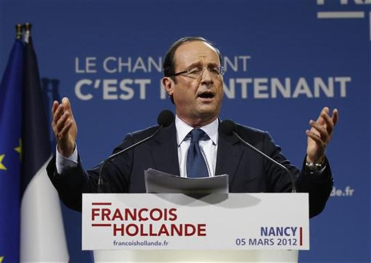 Hollande, Socialist Party candidate for the 2012 French presidential election, delivers a speech during campaign rally in Nancy
