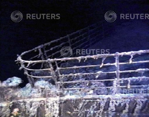 The port bow railing of the RMS Titanic lies in 12,600 feet of water about 400 miles east of Nova Sc..