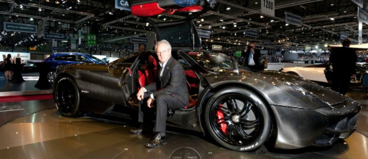 Horacio Pagani with the new Carbon Fiber Edition Pagani Huayra at the 2012 Geneva Motor Show.