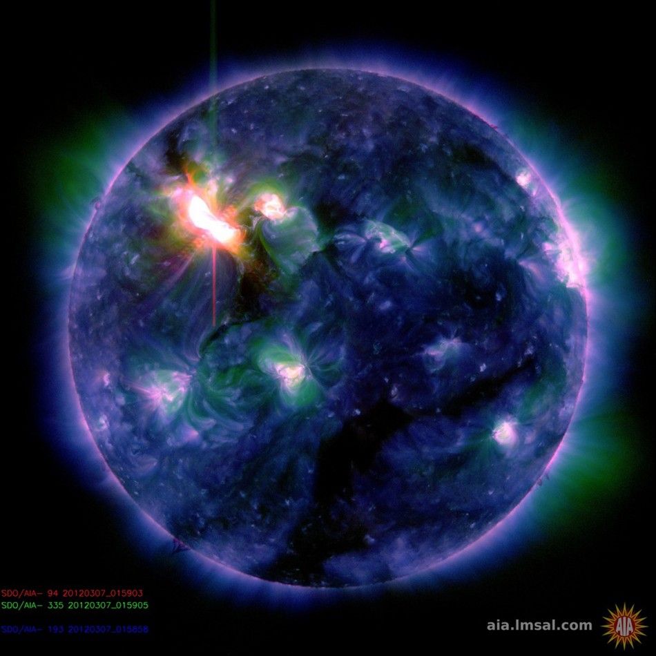 The sun erupts with one of the largest solar flares of this solar cycle in this multi-colored NASA handout photo taken on March 6, 2012. 