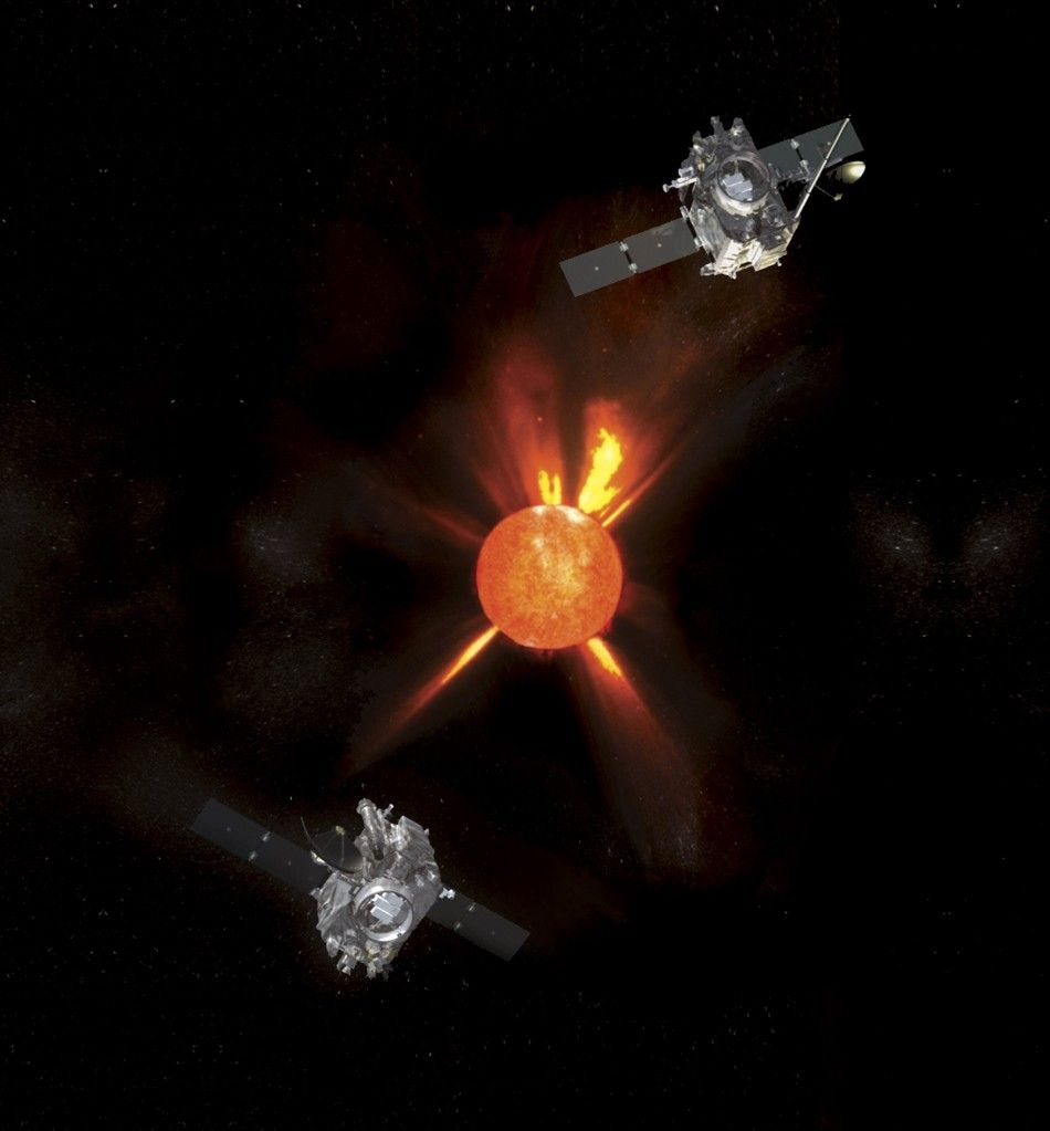 An artist conceptual drawing illustrates two spacecraft in orbit around the sun. 