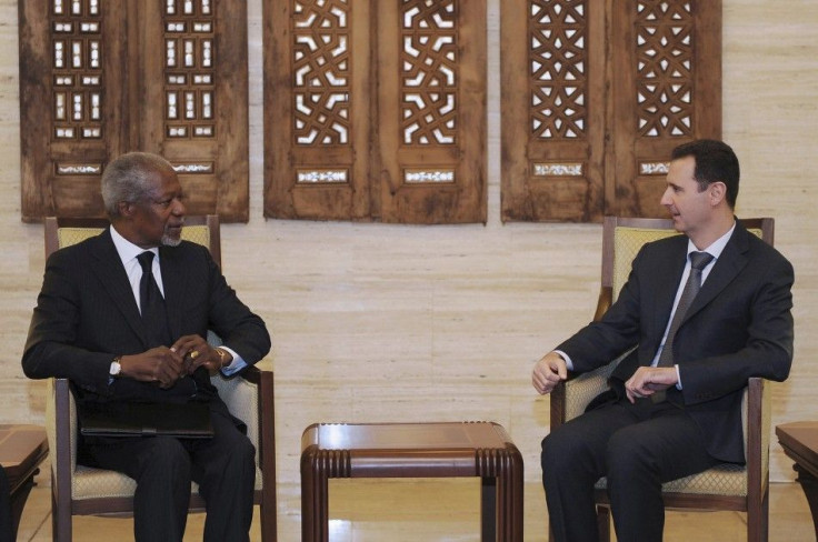 Syria's President Bashar al-Assad (R) meets U.N.-Arab League envoy Kofi Annan in Damascus March 10, 2012, in this handout photograph released by Syria's national news agency SANA.