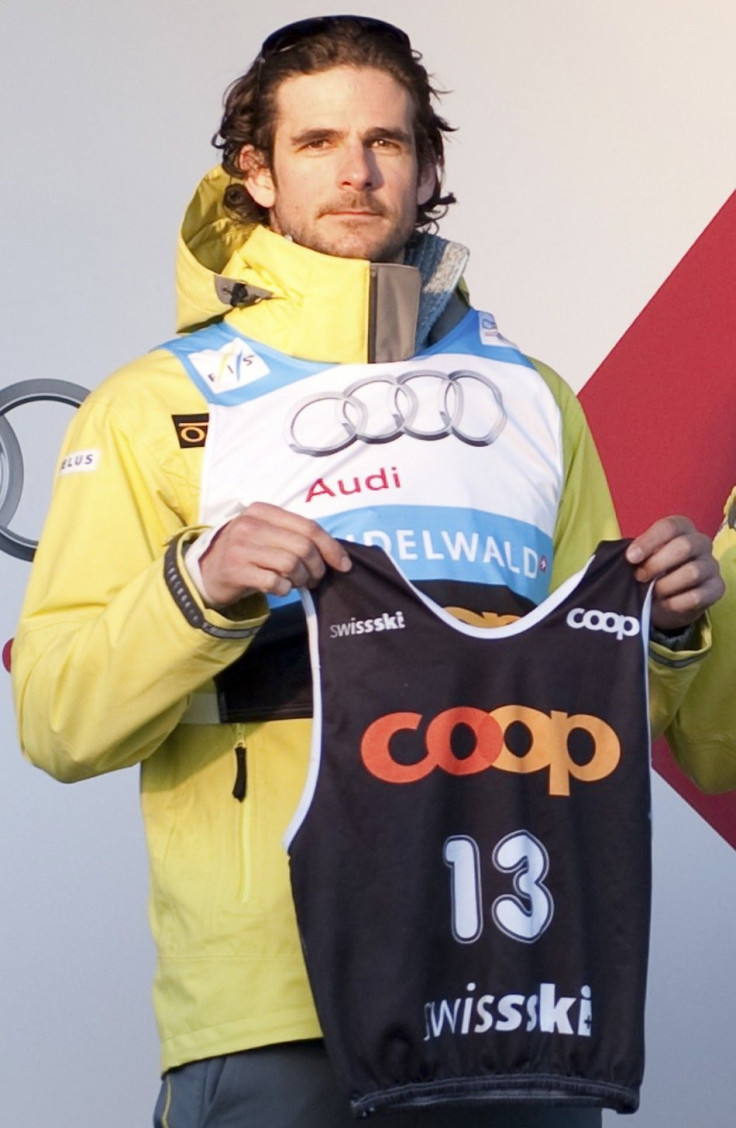 Canada&#039;s Zoricic presents his start number during a ceremony before a FIS skicross world cup event in Grindelwald