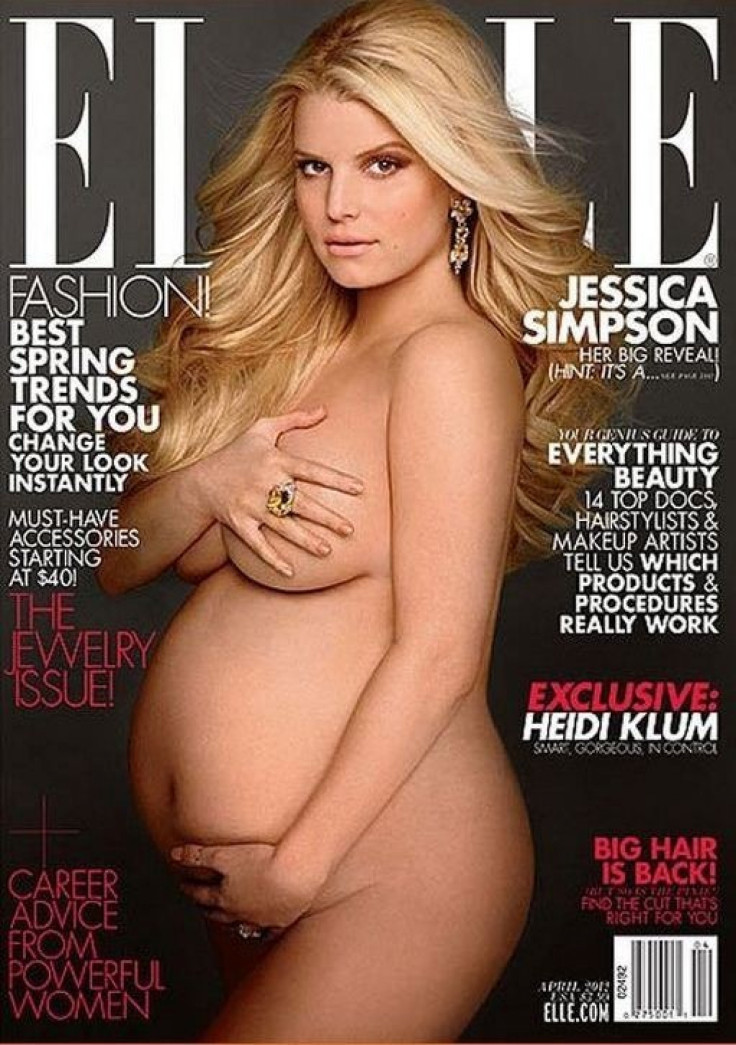 After posing nude on the cover of Elle Magazine, Simpson has been censored. A shopper took a picture of the magazine with a piece of cardboard covering Simpson's breast and belly.